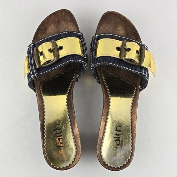 Faith Women's Gold Denim Slip On Upper Buckle Strap Mule Sandal Sole Size 6 - Picture 5 of 16